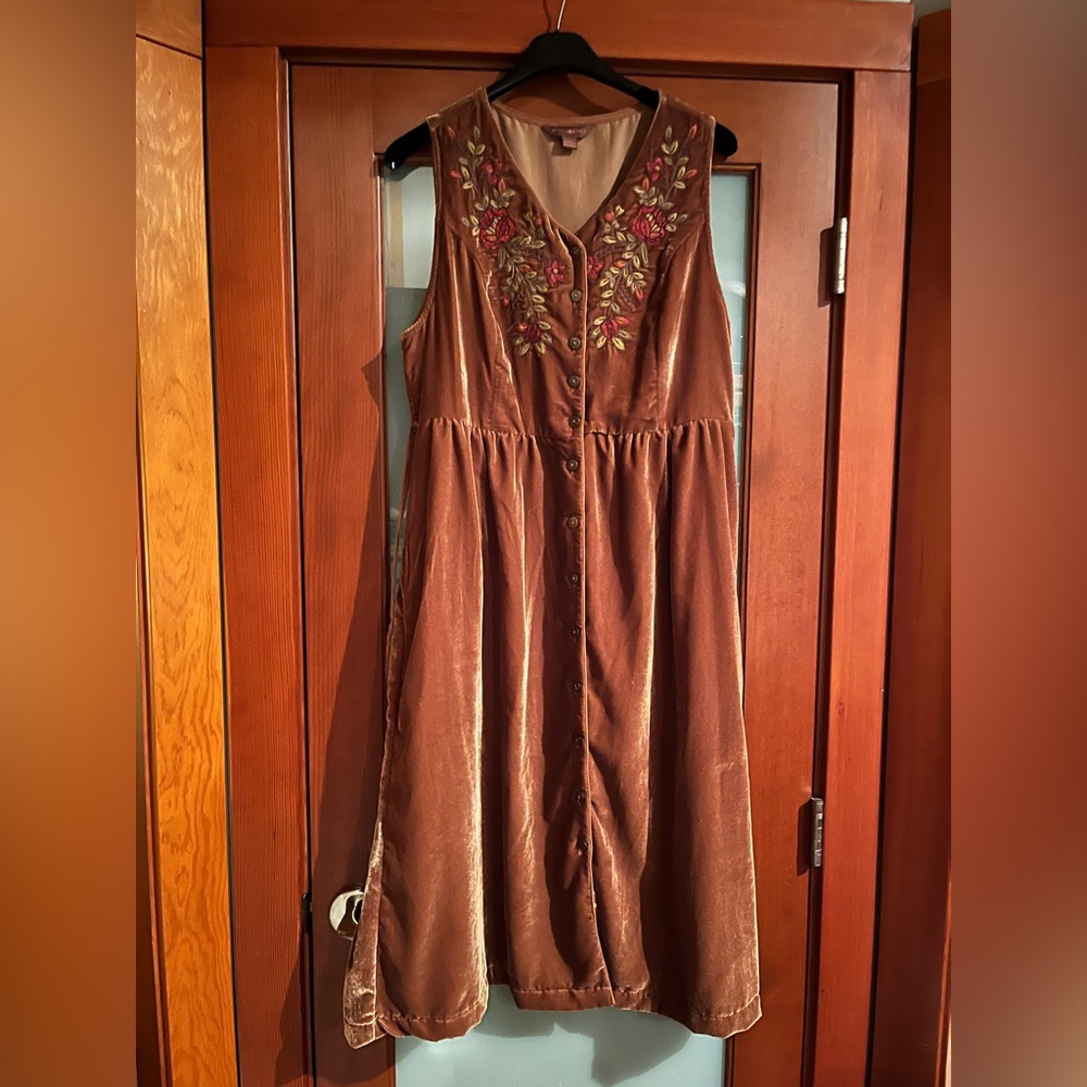 April Cornell Gold Brown Dress with Floral Embroidery